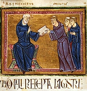 Foto de l'autor. St. Benedict delivering his Rule to St. Maurus and other monks of his order (France, Monastery of St. Gilles, Nimes, 1129)
