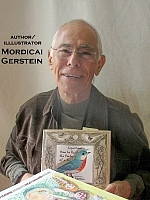 Author photo. Mordicai Gerstein, illustrator, holding 'How To Paint the Portrait of a Bird.' At the Baltimore Book Festival. ©2009